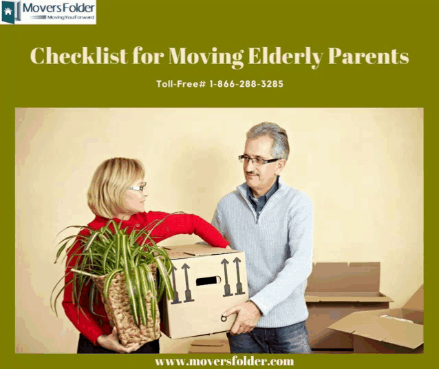 a checklist for moving elderly parents is displayed on a green background