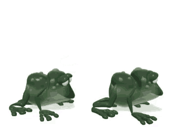 a couple of frogs are standing next to each other on a white background