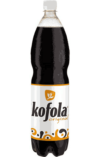 a bottle of kofola original soda has a white label