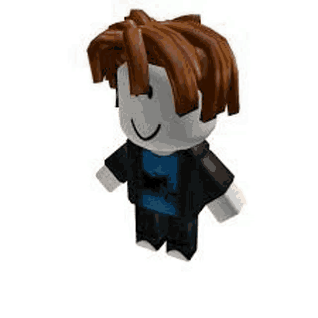 a roblox character with brown hair is wearing a blue shirt and a black jacket .