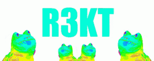three colorful frogs are standing next to the word r3kt on a white background