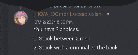 a screenshot of a message from hq76 dcmdr lucasplusism