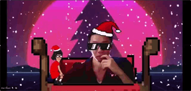 a man wearing sunglasses and a santa hat is sitting in front of a christmas tree