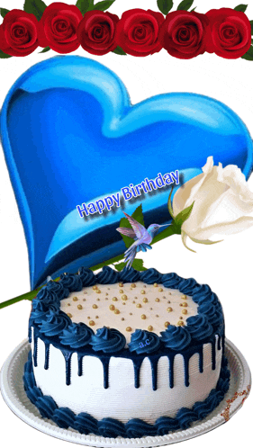 a birthday cake with blue frosting and a blue heart with the words happy birthday on it