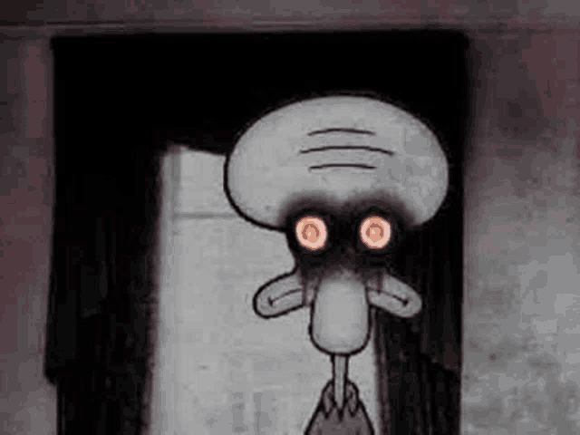 squidward from spongebob squarepants is standing in front of a window in a dark room .