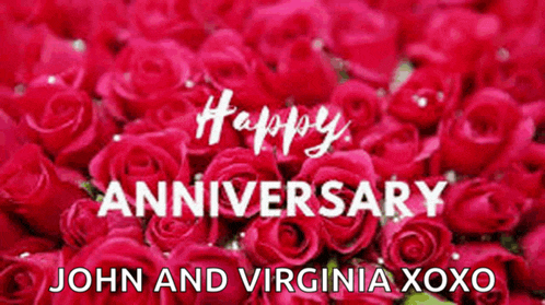 a bunch of red roses with the words happy anniversary john and virginia xoxo on it