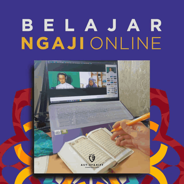 an advertisement for belajar ngaji online shows a person reading a book