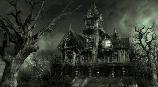 a black and white drawing of a haunted house surrounded by trees and a tree .