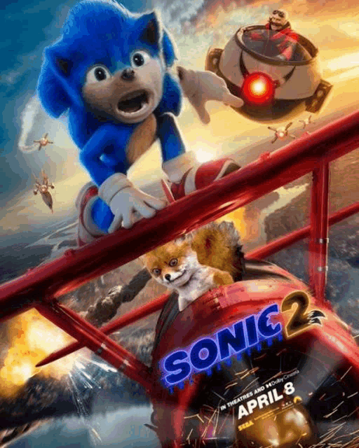 a movie poster for sonic the hedgehog 2 shows sonic and a fox on a plane