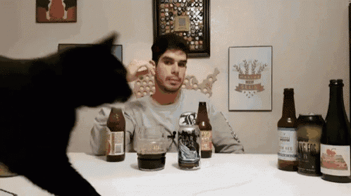 a man sitting at a table with bottles and cans of beer including a can that says " pure rise "