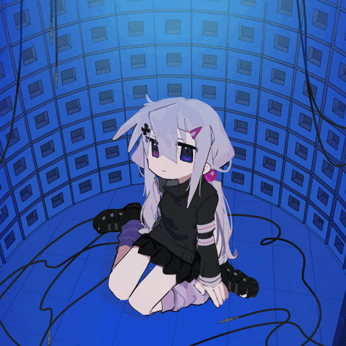 a drawing of a girl sitting in a room with a lot of squares