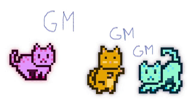 gm written on a white background next to a pixel cat