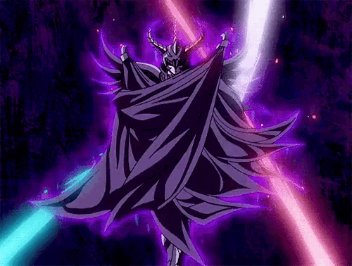 a cartoon character with horns and a cape is surrounded by purple light .