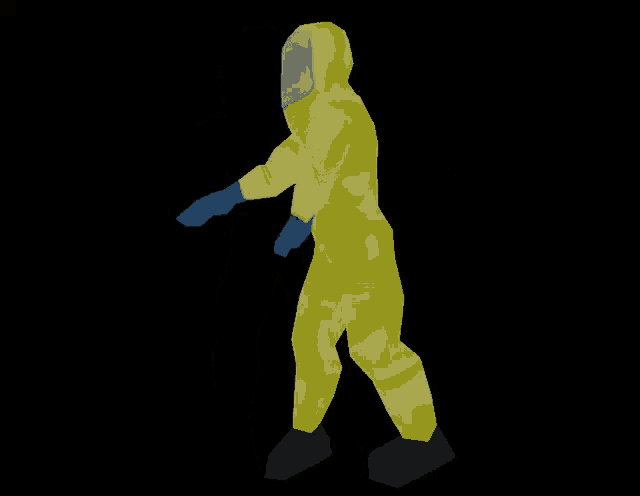 a man in a yellow biohazard suit with blue gloves