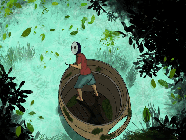 a drawing of a person in a boat with a mask on their head