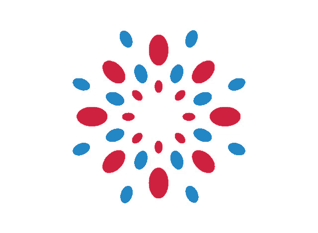 red and blue circles on a white background that looks like fireworks