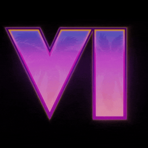 the letter v is glowing in the dark with palm trees behind it