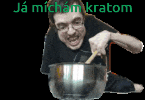 a pixelated image of a man stirring something with the words ja micham kratom behind him