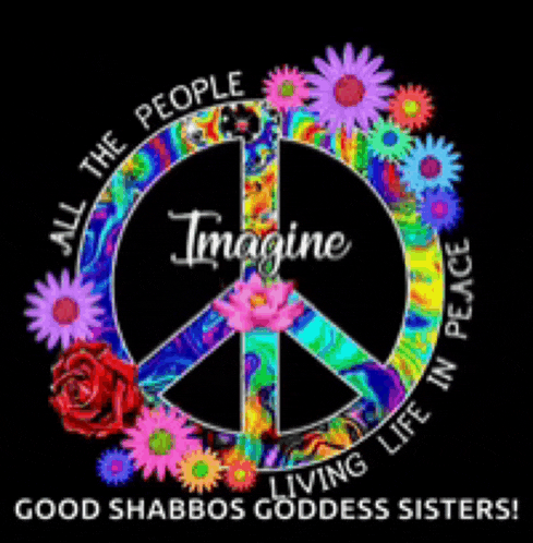 a peace sign with colorful flowers around it and the words imagine living life in peace