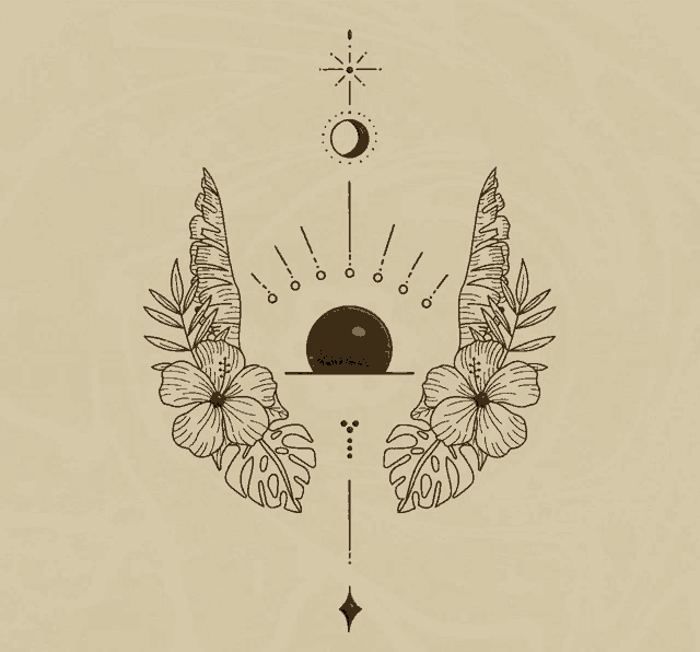 a drawing of a crescent moon with flowers and leaves around it