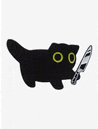 a black cat with yellow eyes is holding a knife in its mouth .