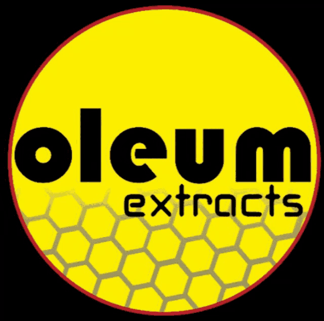 a yellow circle with the words oleum extracts in black