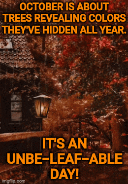 october is about trees revealing colors they ve hidden all year it 's an unbe-leaf-able day