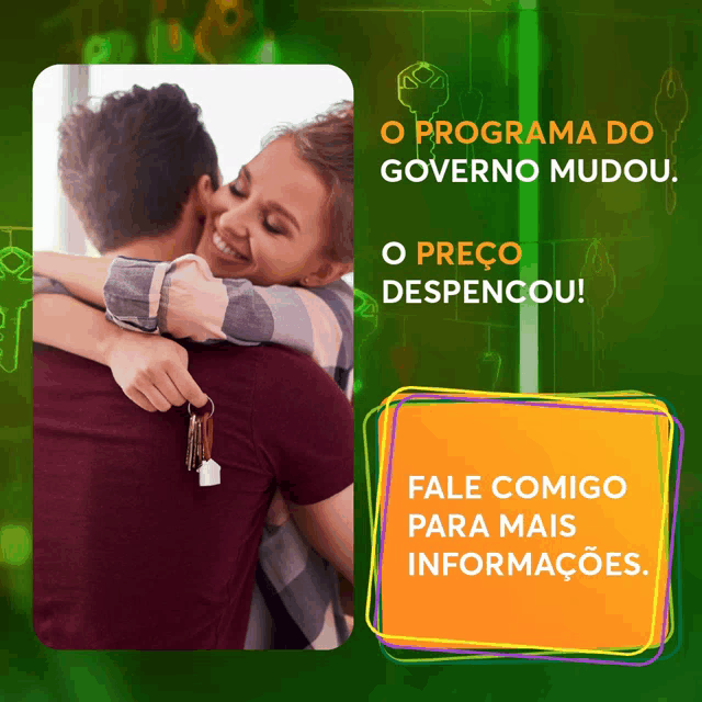 a man and a woman hugging with the words o programa do governo mudou