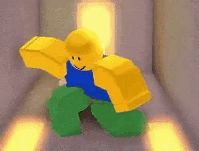 a roblox character is dancing in a room with a light coming out of a door .