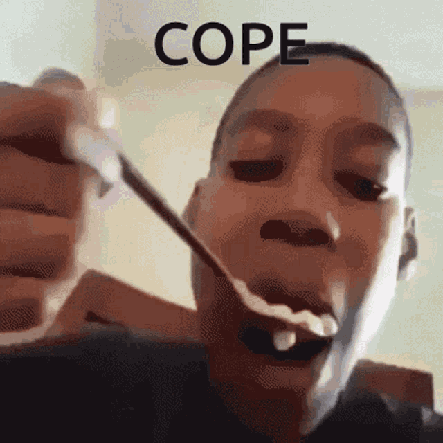 a man is eating something with a spoon and the word cope is on the bottom