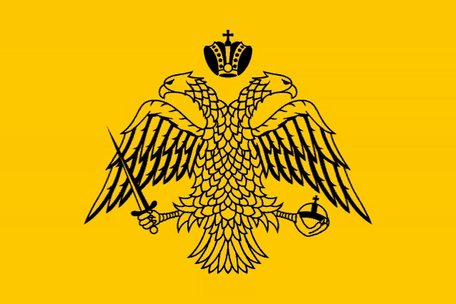 a black and yellow drawing of an eagle with a crown and a sword