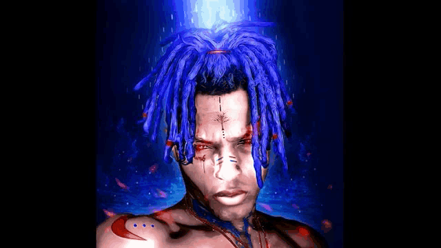 a painting of a man with blue dreadlocks and a tattoo on his face .