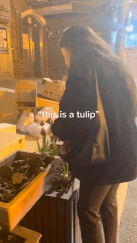 a woman standing in front of a box that says " this is a tulip " on it