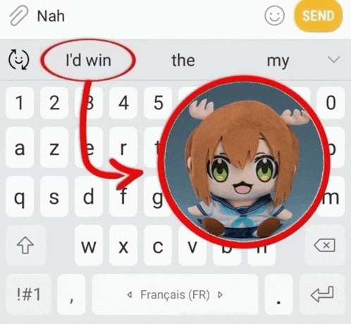 a keyboard with a picture of a stuffed animal and a button that says send