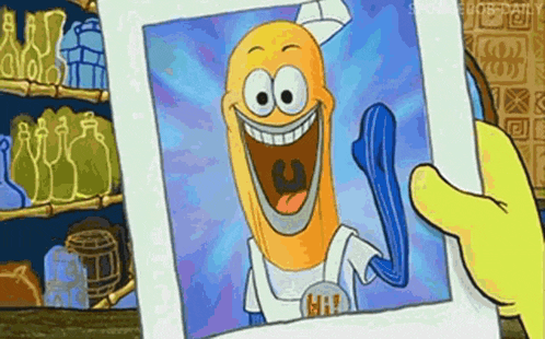 a cartoon character from spongebob squarepants is holding a picture of himself .