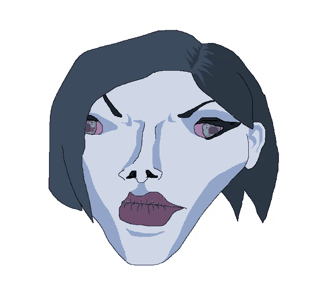 a drawing of a woman 's face with green eyes and purple lips