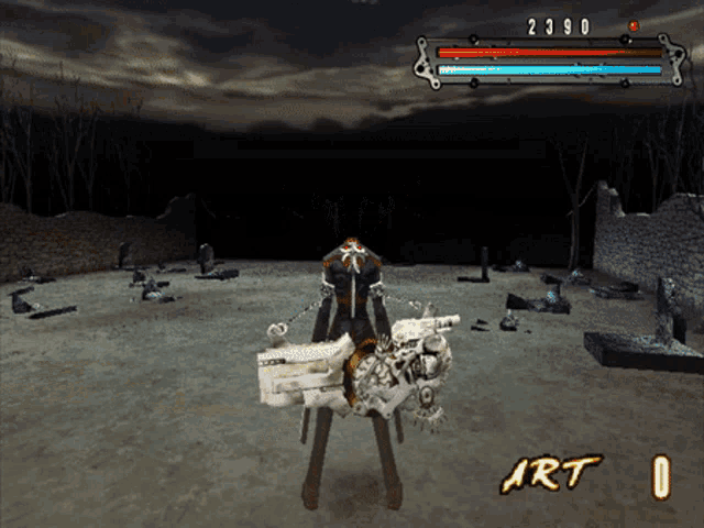 a screenshot of a video game shows a character holding a large weapon and the art number 0