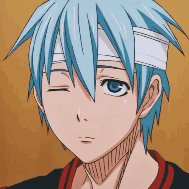 a boy with blue hair and a bandage on his head