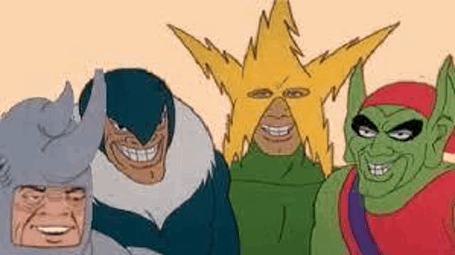 a group of cartoon characters are posing for a picture together and smiling .