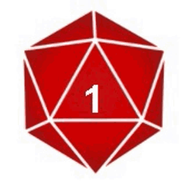 a red d20 dice with the number one on it .