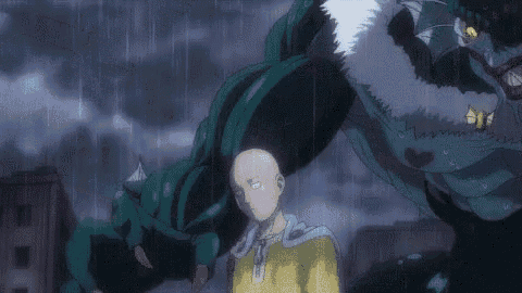 a bald man is standing in the rain next to a monster with a green head .