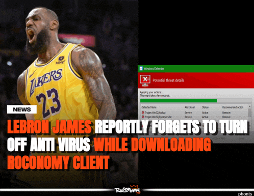 lebron james reportedly forgets to turn off anti virus while downloading a rocnomy client