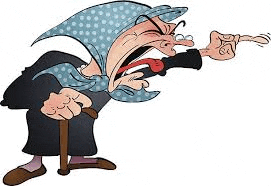 a cartoon illustration of an angry old woman with a cane pointing at something .