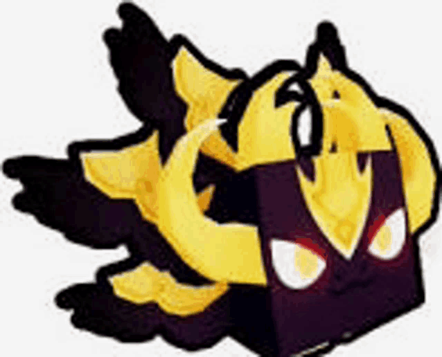 a black and yellow cartoon character with horns is sitting on a box .