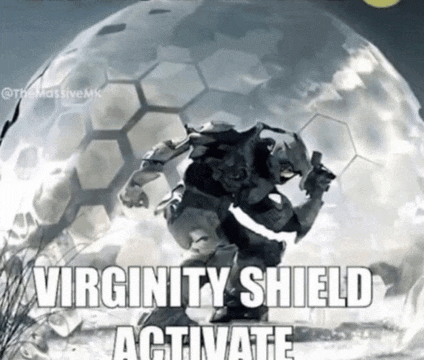 a picture of a video game character with the words virginity shield activate on it