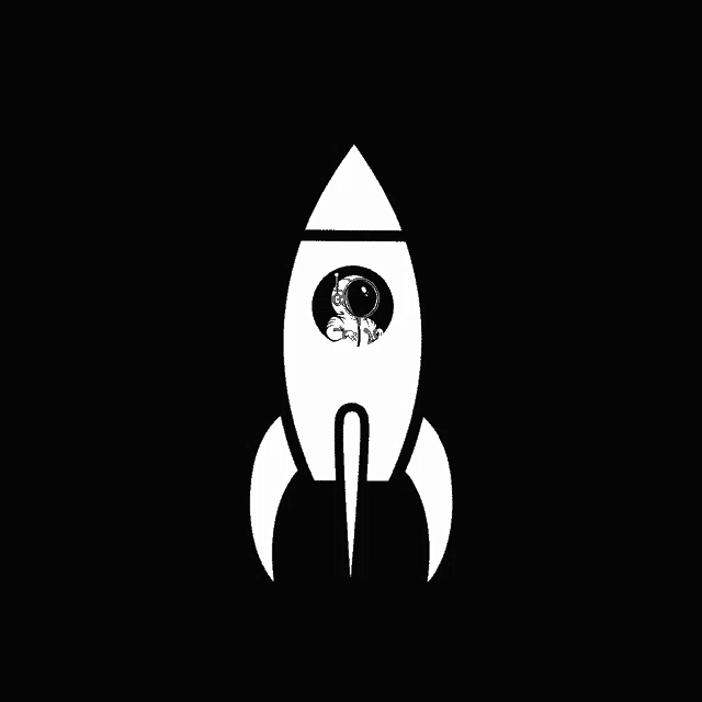 a black and white rocket with an astronaut on the front