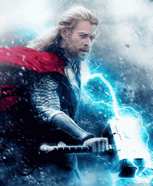 a poster of thor holding a hammer with a lightning bolt in the background