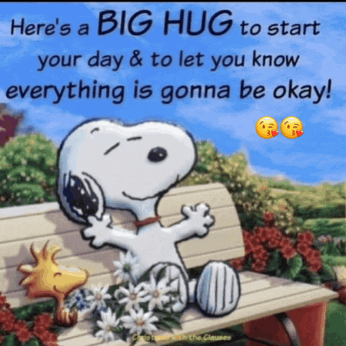 a cartoon of snoopy sitting on a bench with flowers and a message that says here 's a big hug