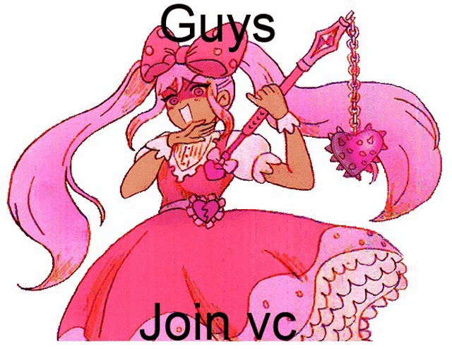 a drawing of a girl in a pink dress with the words " guys join vc " on the bottom