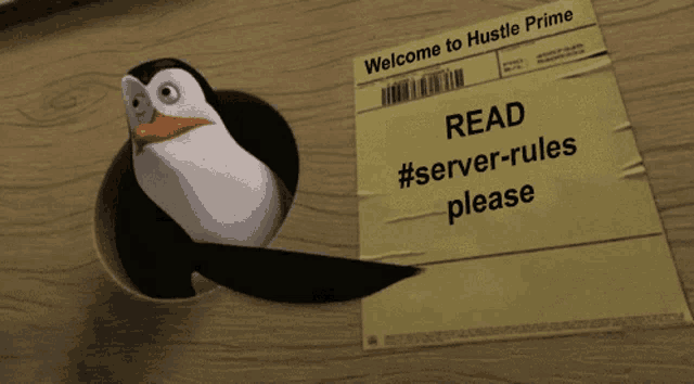 a penguin is sticking its head out of a hole in a piece of paper that says read #server-rules please